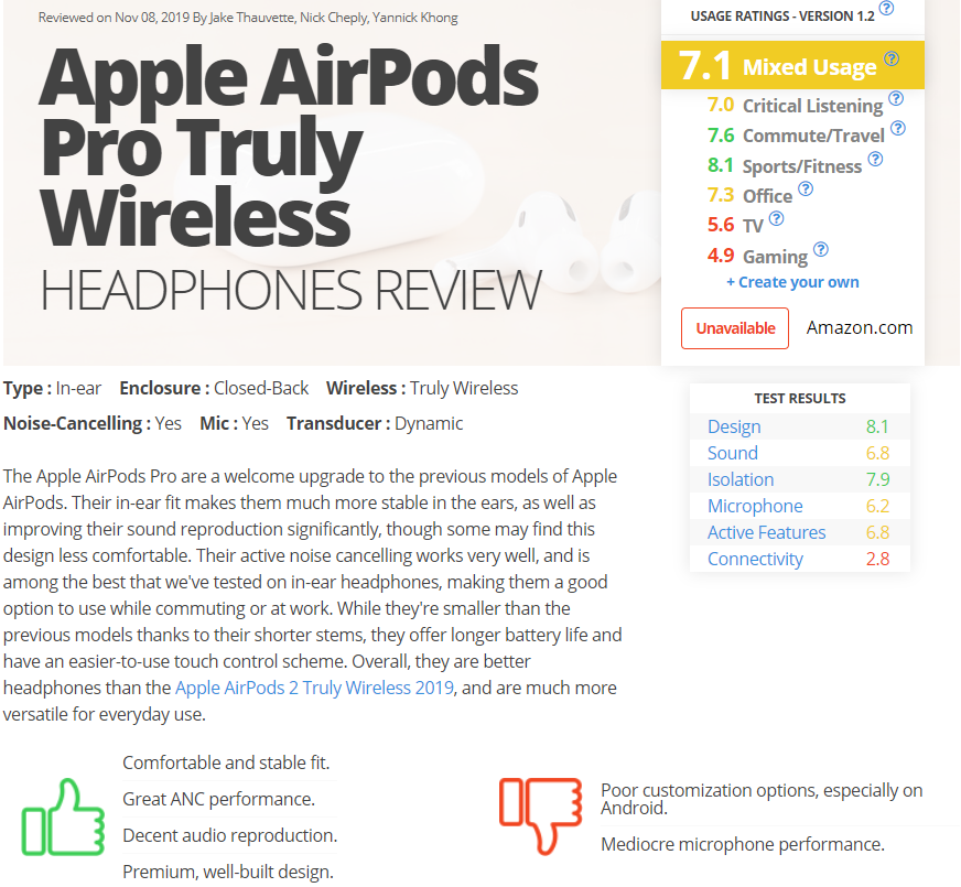 The RTINGS.com review is out: AirPods Pro ANC is very good, better than Sony  WF-1000XM3 [Merged]