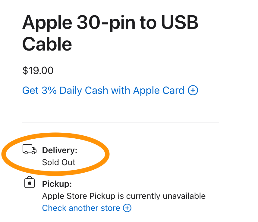 Screenshot of Apple Store page with Delivery: Sold Out highlighted and Pickup: Apple Store Pickup is currently unavailable