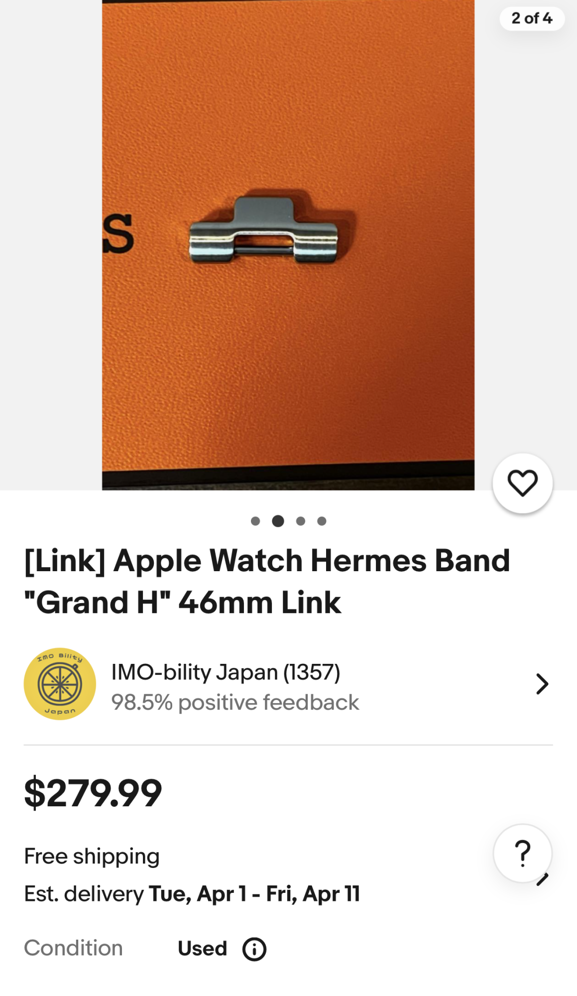 [Link] Apple Watch Hermes Band Grand H 46mm Link Imo Bility Japan IMO-bility Japan (1357) 98.5% positive feedback $279.99 Free shipping Est. delivery Tue, Apr 1 - Fri, Apr 11
