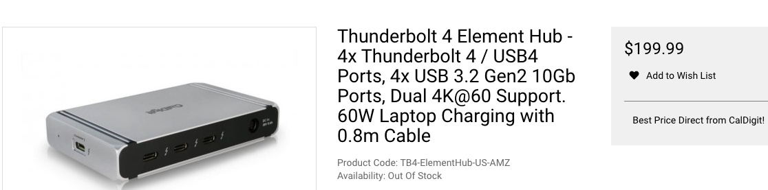Thunderbolt 4 Element Hub - 4x Thunderbolt 4 / USB4 Ports, 4x USB 3.2 Gen2  10Gb Ports, Dual 4K@60 Support. 60W Laptop Charging with 0.8m Cable