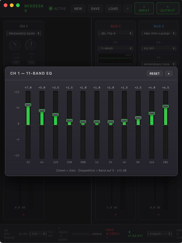 macOS — the 11-band graphic EQ editor on an input channel