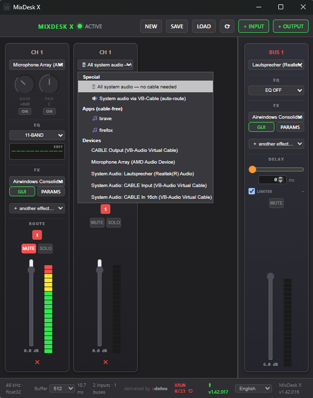 Windows — the input picker: All system audio — no cable needed plus per-app capture (Apps, cable-free), next to the classic device sources