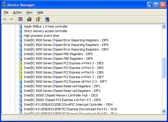 Yellow exclamations in device manager (XP on Mac Pro Quad ...