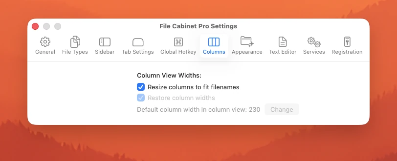 File Cabinet Pro's Settings window displaying the column view section on macOS Tahoe.