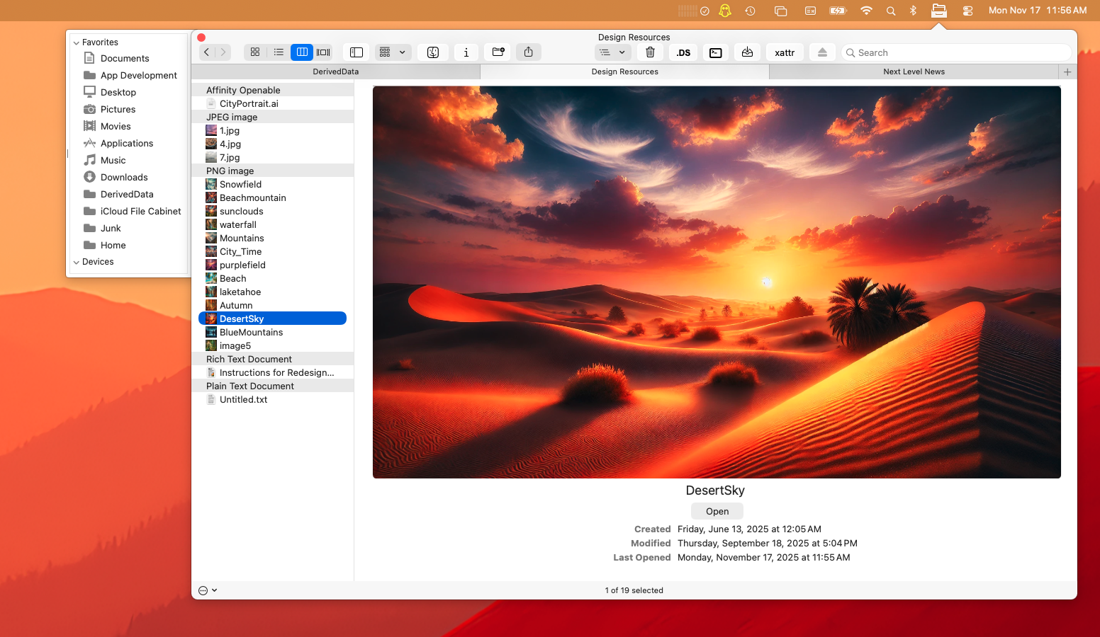 File Cabinet Pro in Column View displaying Quick Look thumbnails for image files.