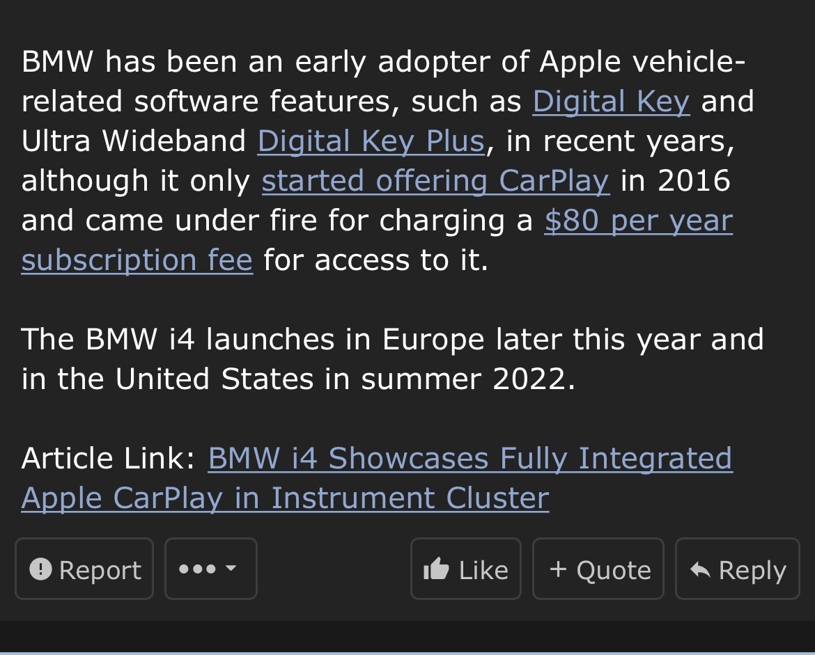 BMW i4 Showcases Fully Integrated Apple CarPlay in Instrument