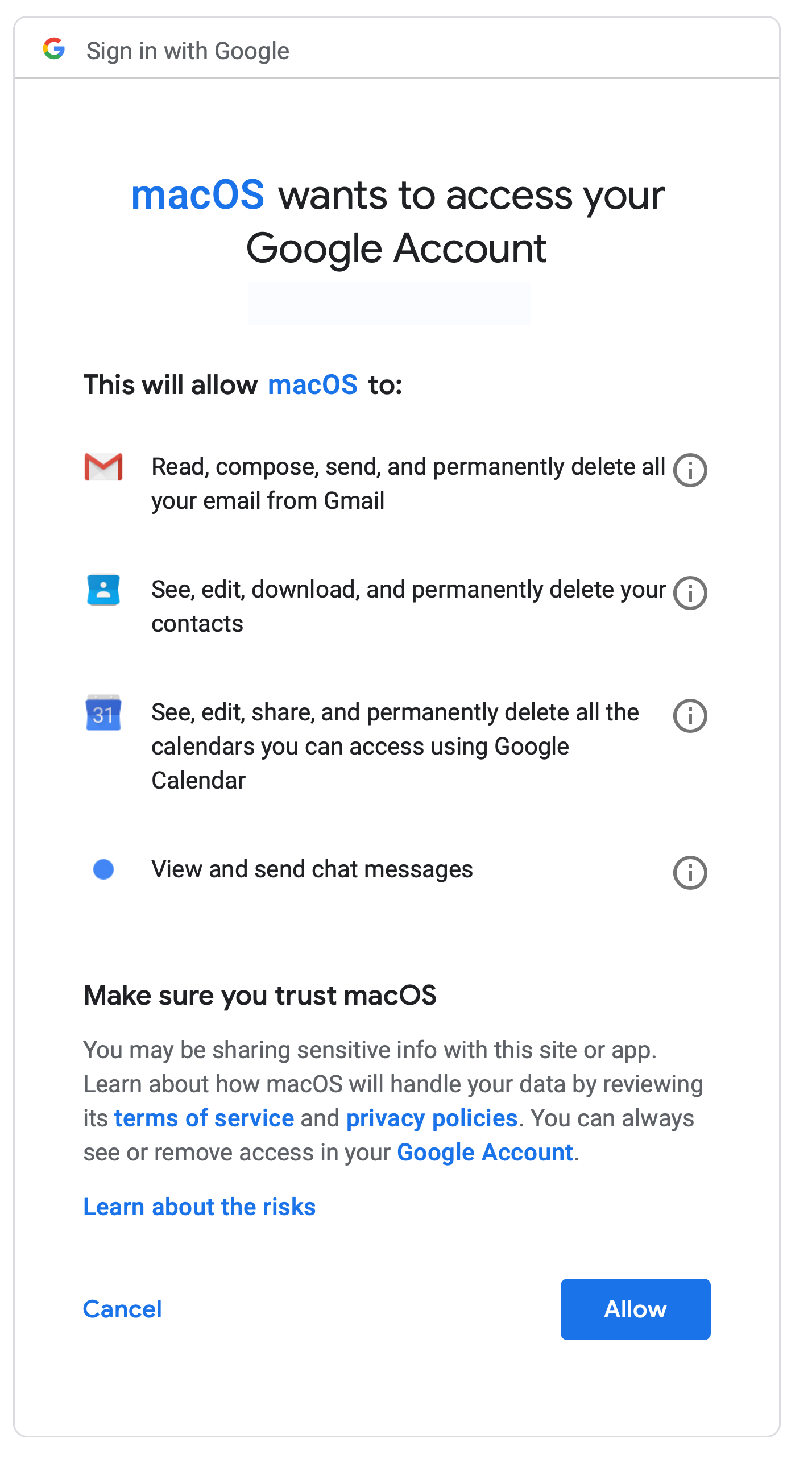 macos wants access to my google account