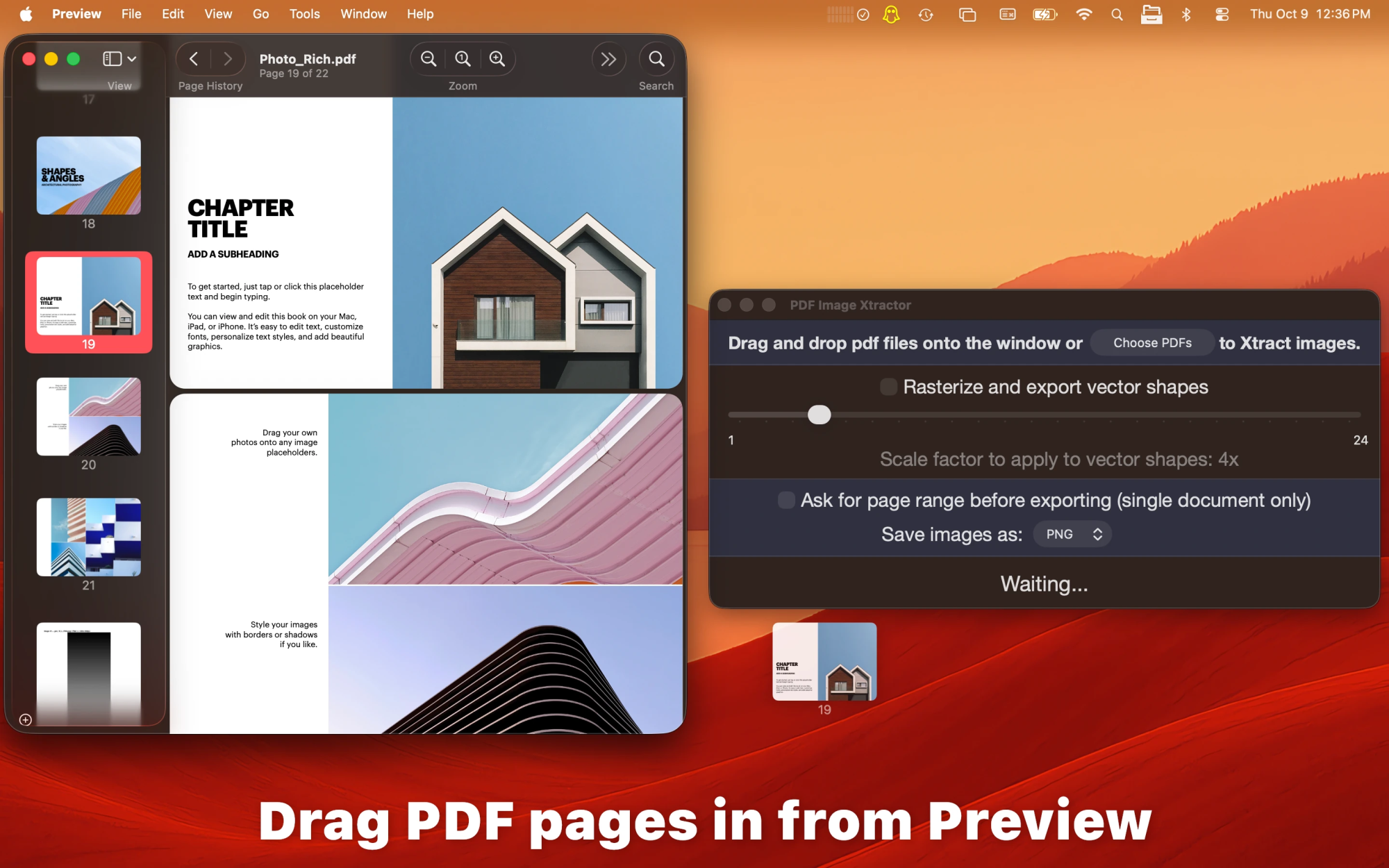 PDF page being dragged from Preview to PDF Image Xtractor on macOS.
