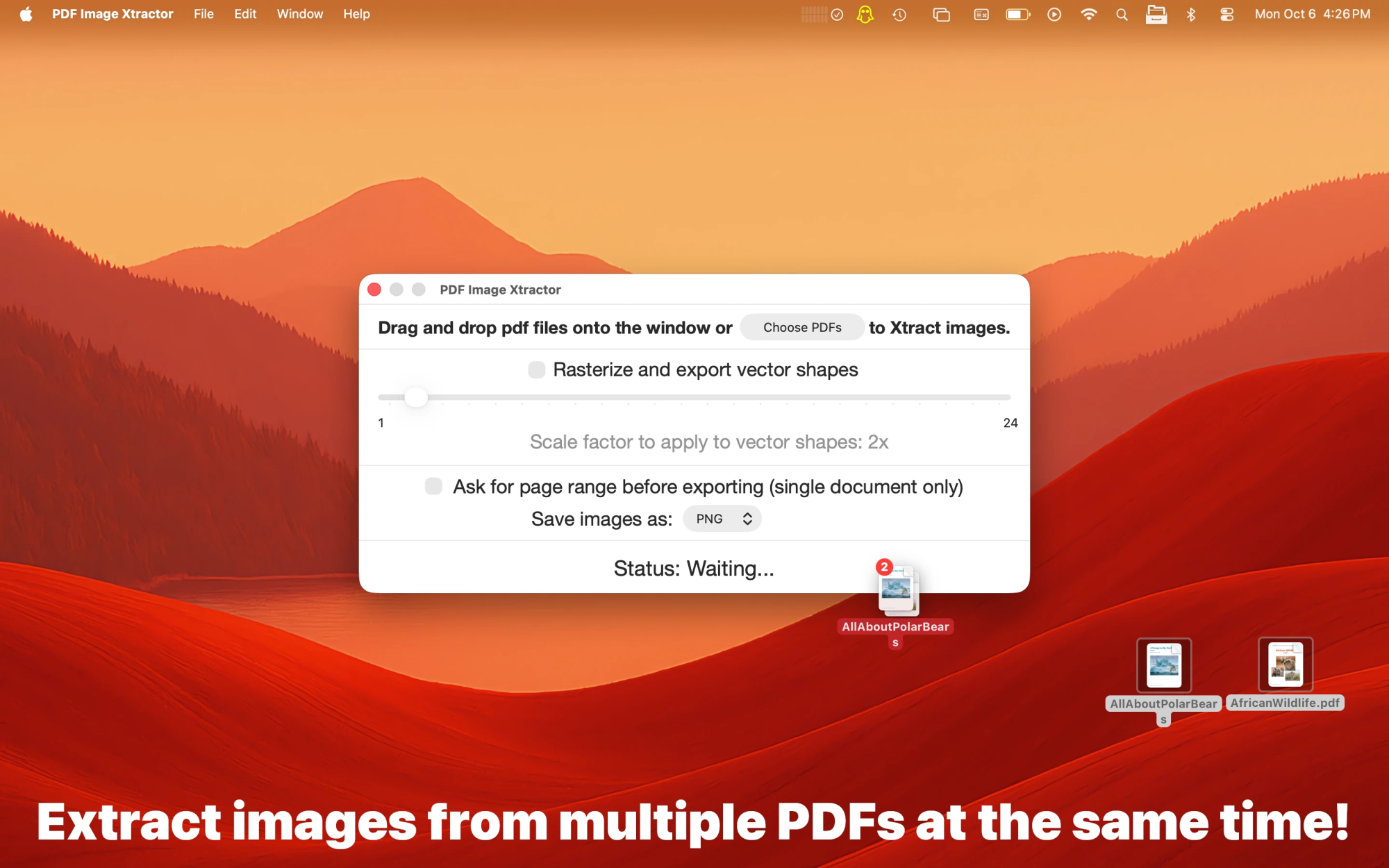 Dragging multiple PDF files to the PDF Image Xtractor Mac app.