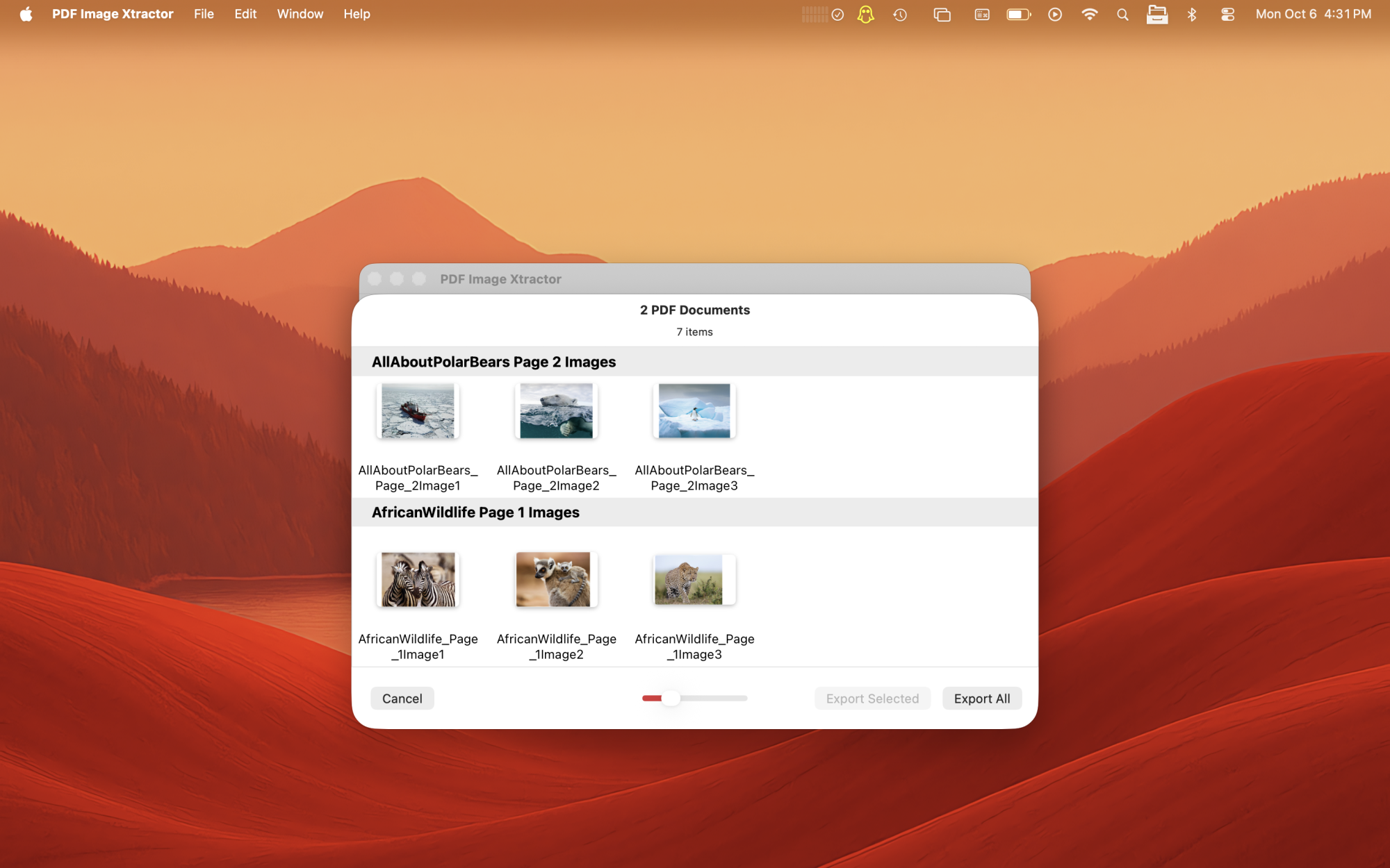 Extracted images from two PDF documents are displayed in the PDF Image Xtractor Mac app.