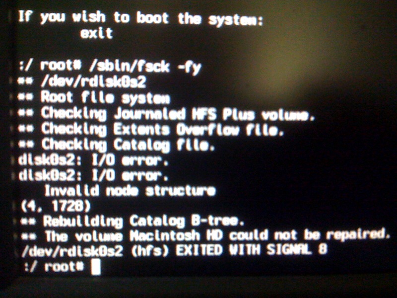 Ran Sbin Fsck Fy But Got A Couple Disk0s2 I O Errors Followed By Invalid Node Structure And The Volume Macintosh HD Could Not Be Repaired