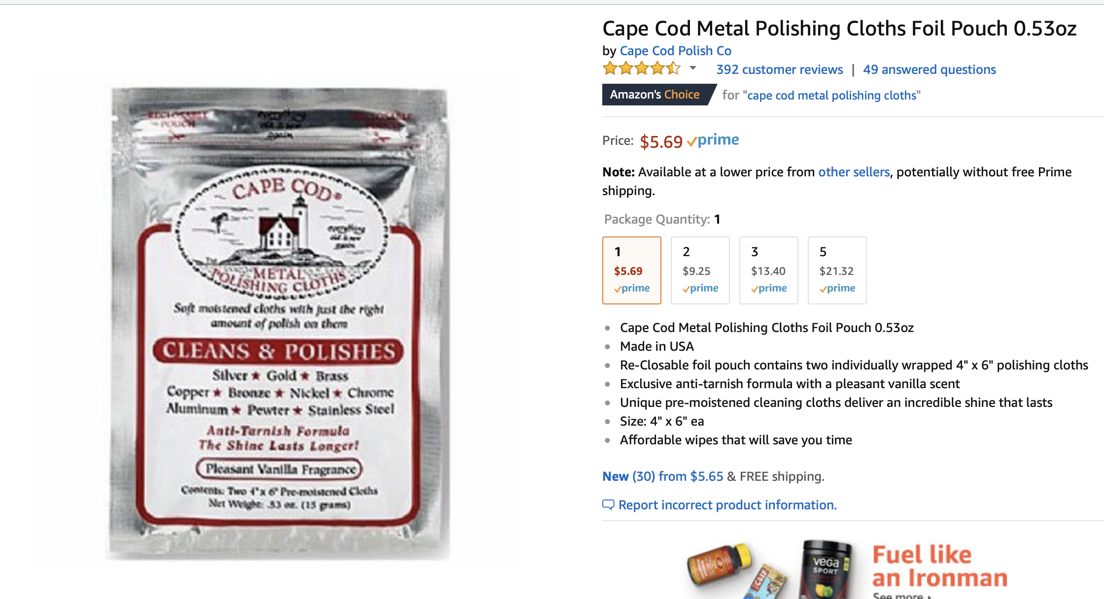 Cape Cod Polish Co Metal Polishing Cloths Foil Pouch 0.53oz