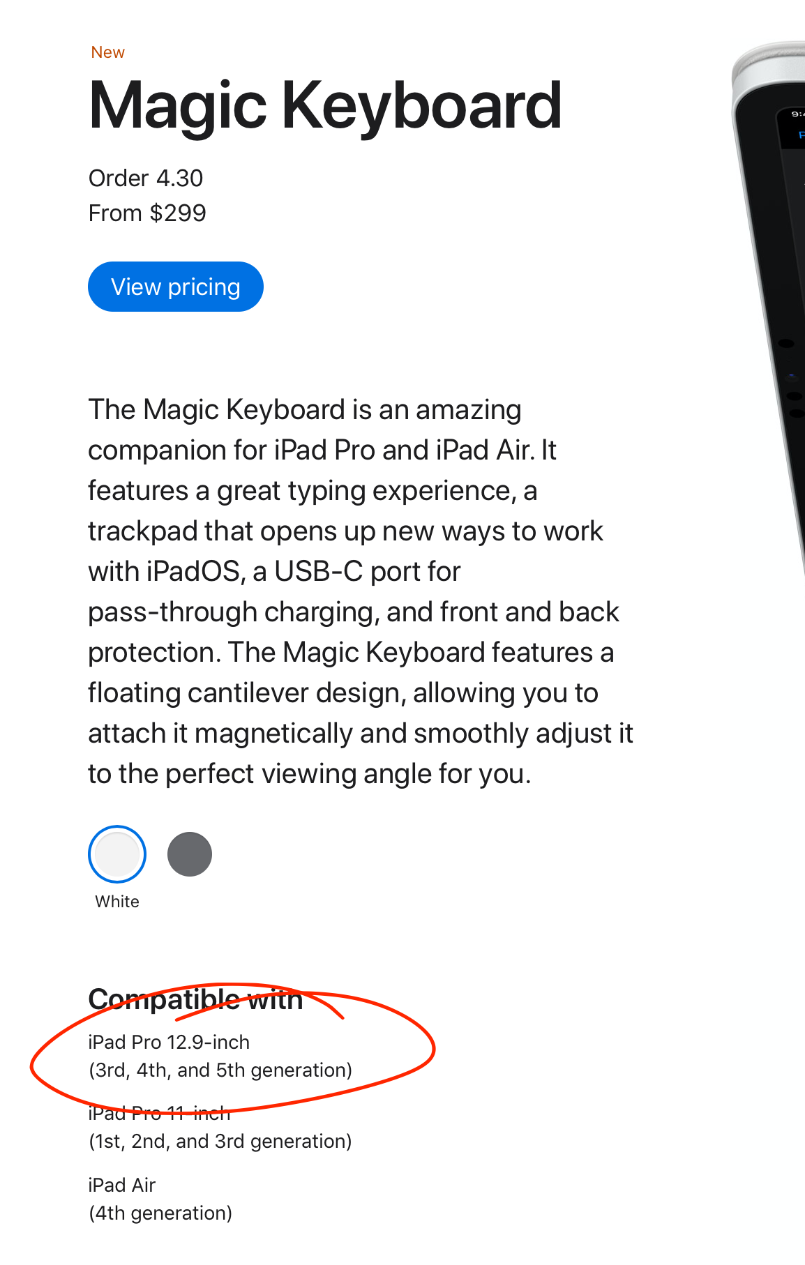 magic keyboard description screen shot with iPad Pro 12.9-inch (3rd, 4th, and 5th generation) circled