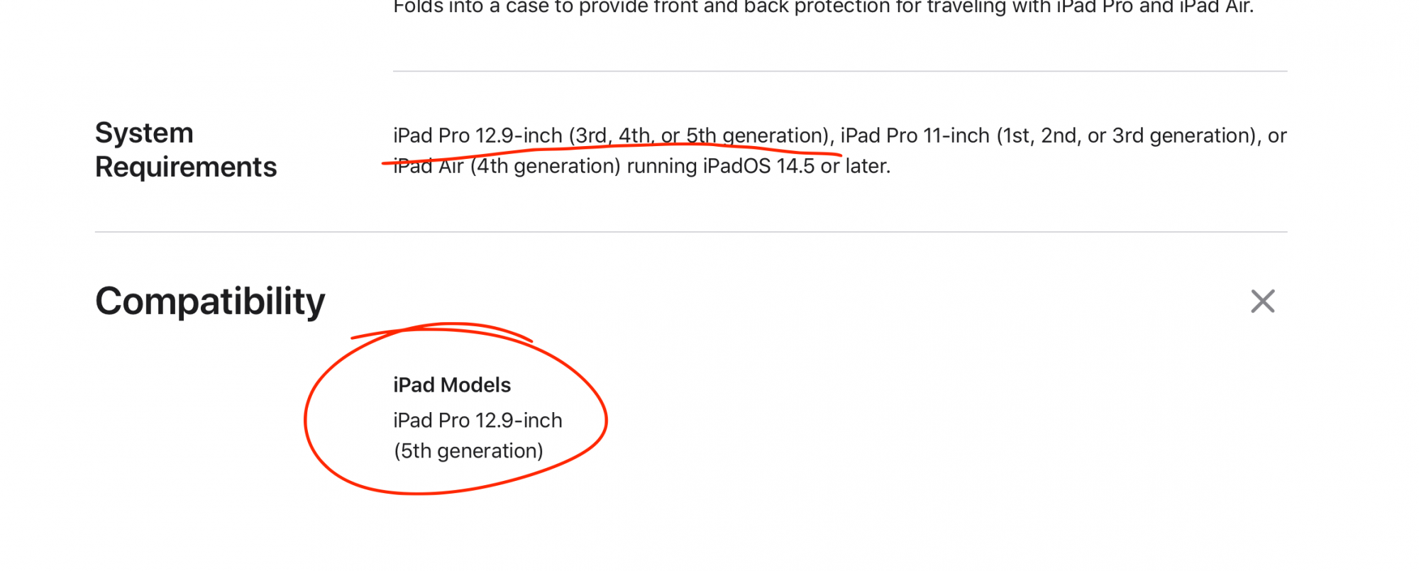 magic keyboard pricing page screen shot with iPad Pro 12.9-inch (3rd, 4th, or 5th generation) underlined and iPad Pro 12.9-inch (5th generation) circled