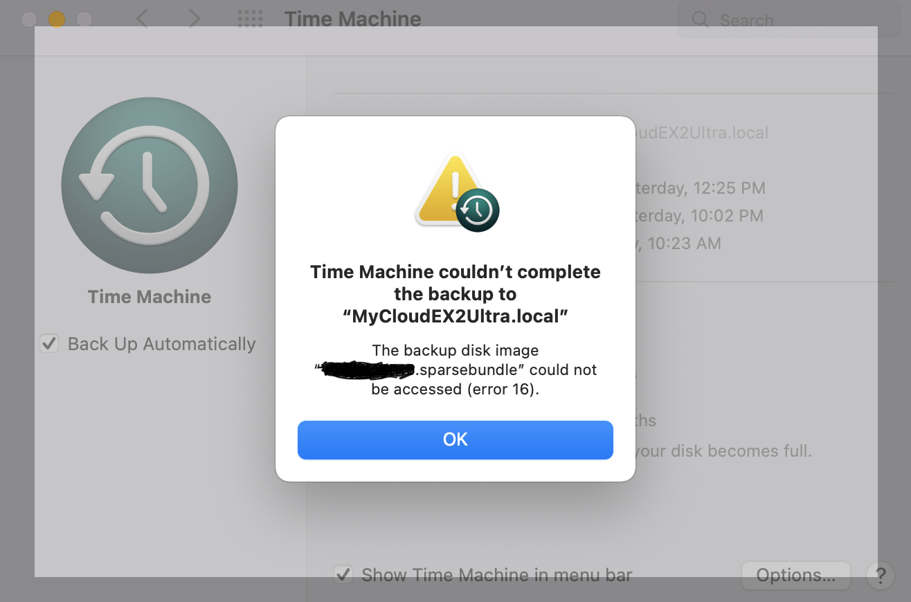 Time Machine error: The backup disk image xxx.sparsebundle could not be  accessed (error 16) | MacRumors Forums