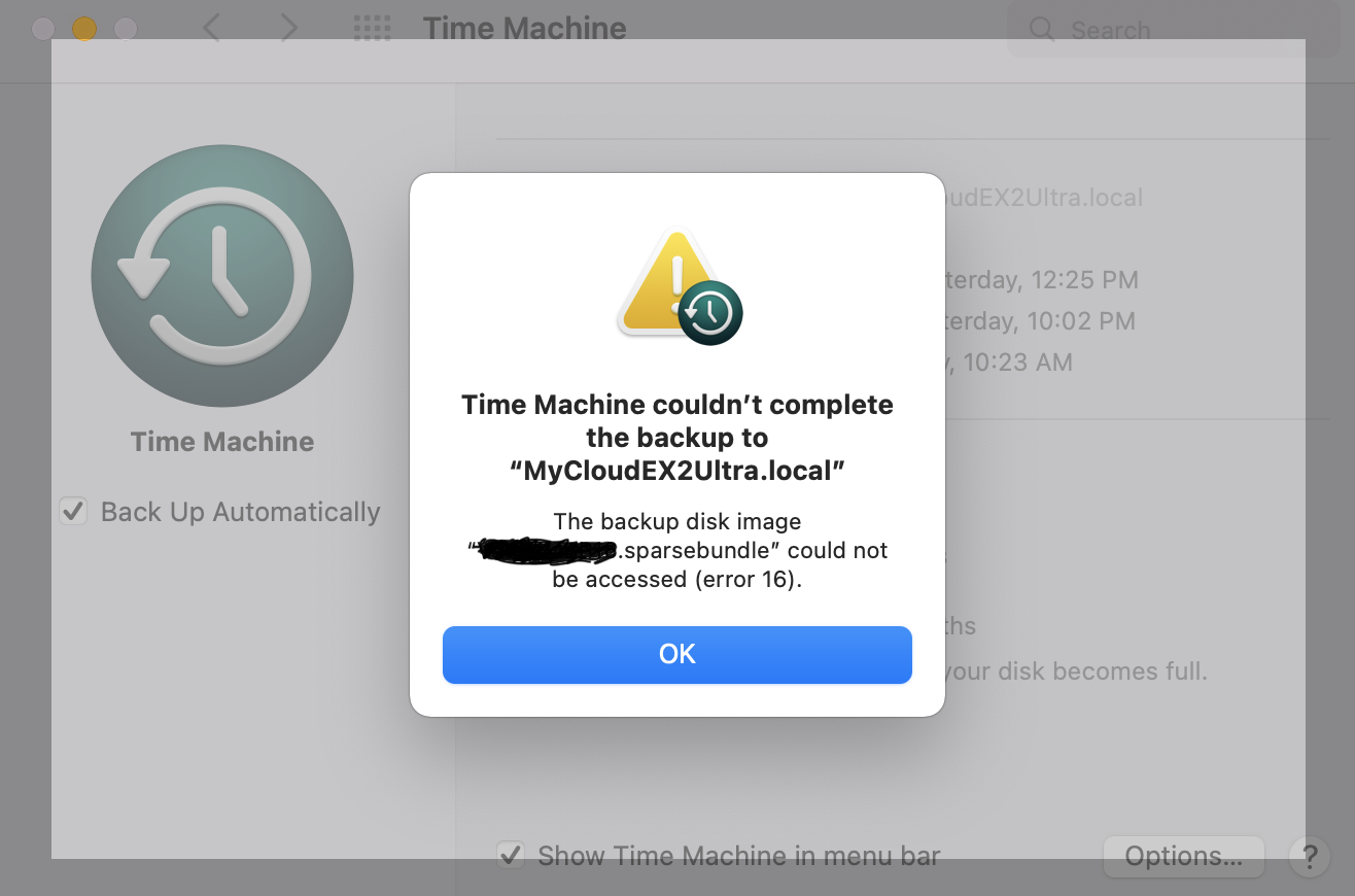 Time Machine error: The disk image xxx.sparsebundle could not be accessed (error 16) | MacRumors