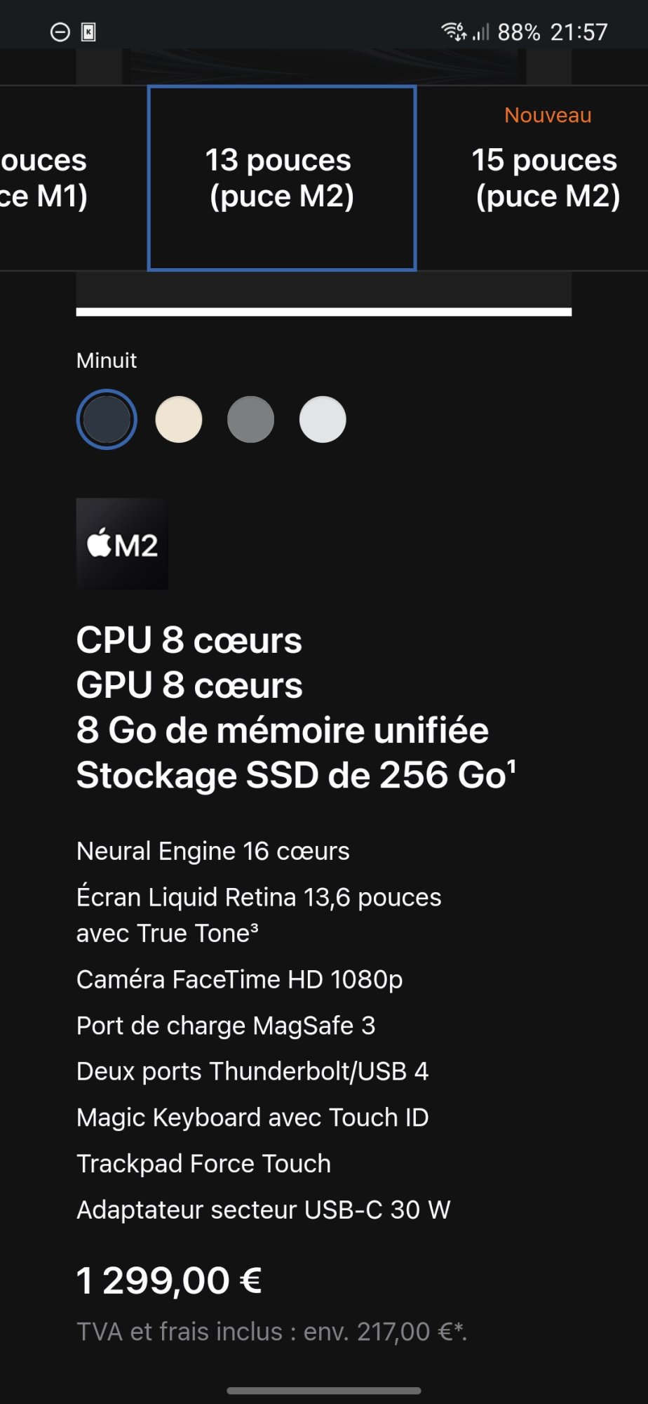 Apple MacBook Air 15.3'' 256 Go SSD 16 Go RAM Puce M2 CPU 8 cœurs