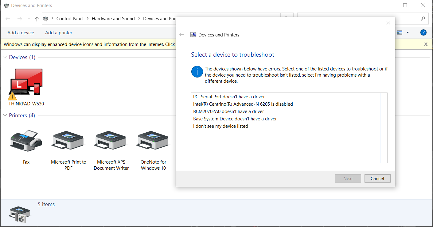 Control Panel - Devices And Printers - THINKPAD-W530 - Errors.PNG