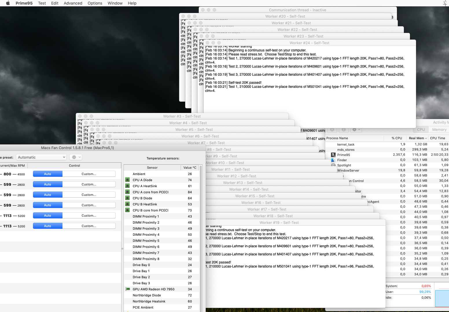 Prime95 test07 CPU A 74-61=13...CPU B 64-53=13 - small FFT test (7 mins) - removed plastic ret...png