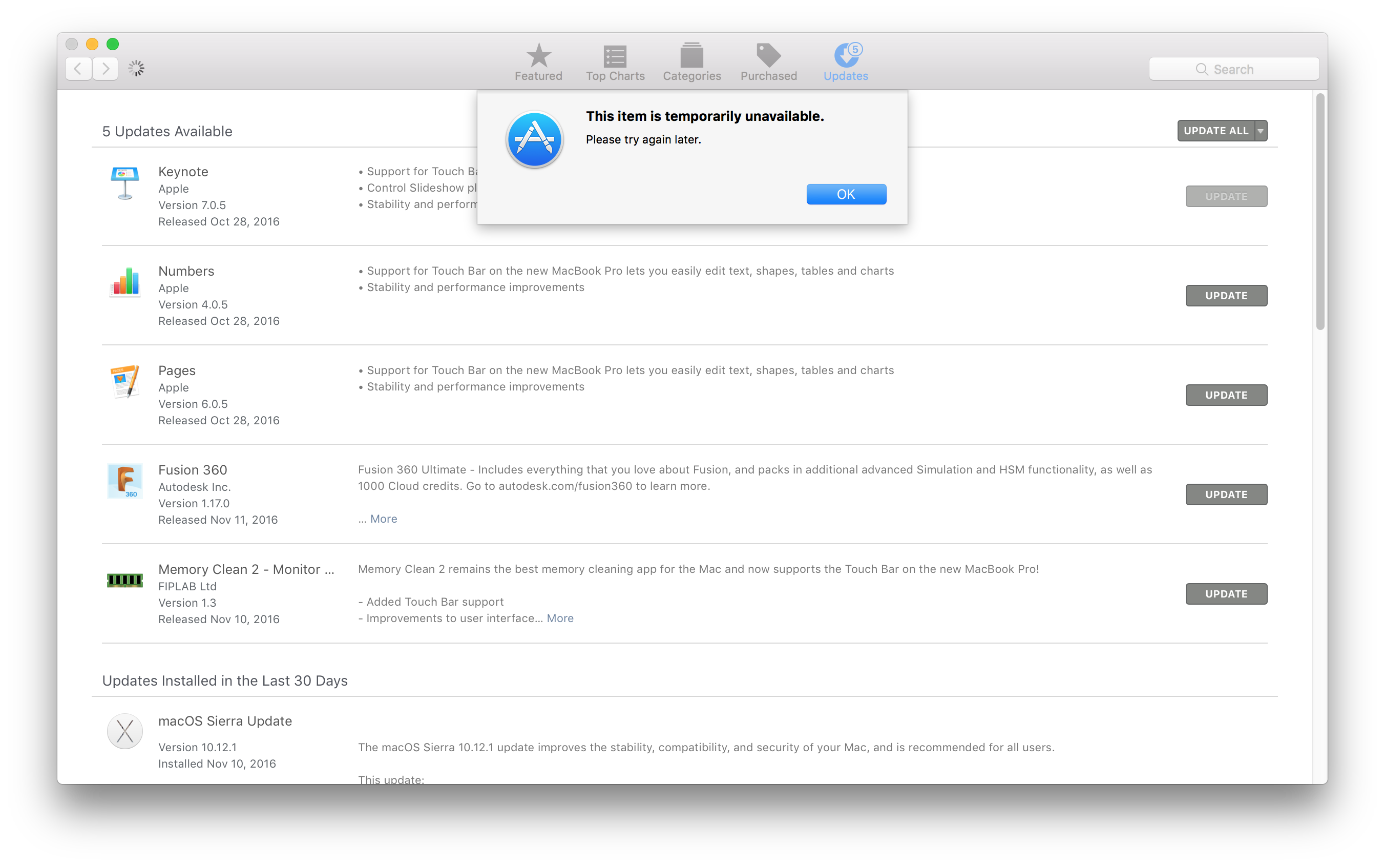 Unable to update app on macbook pro