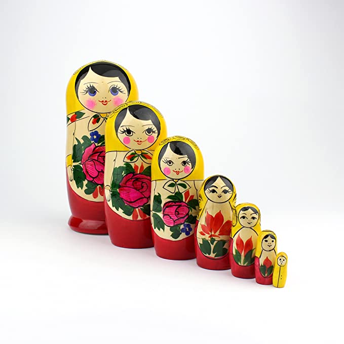 Heka Naturals Russian Nesting Dolls, 7 Traditional Matryoshka Classic Semyonov Yellow Style | Babushka Wooden Doll Gift Toy, Hand Made in Russia | Semyonov Yellow, 7 piece, 18 cm (7 inches)