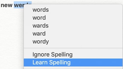Screenshot of the control-click options on a new word in macOS