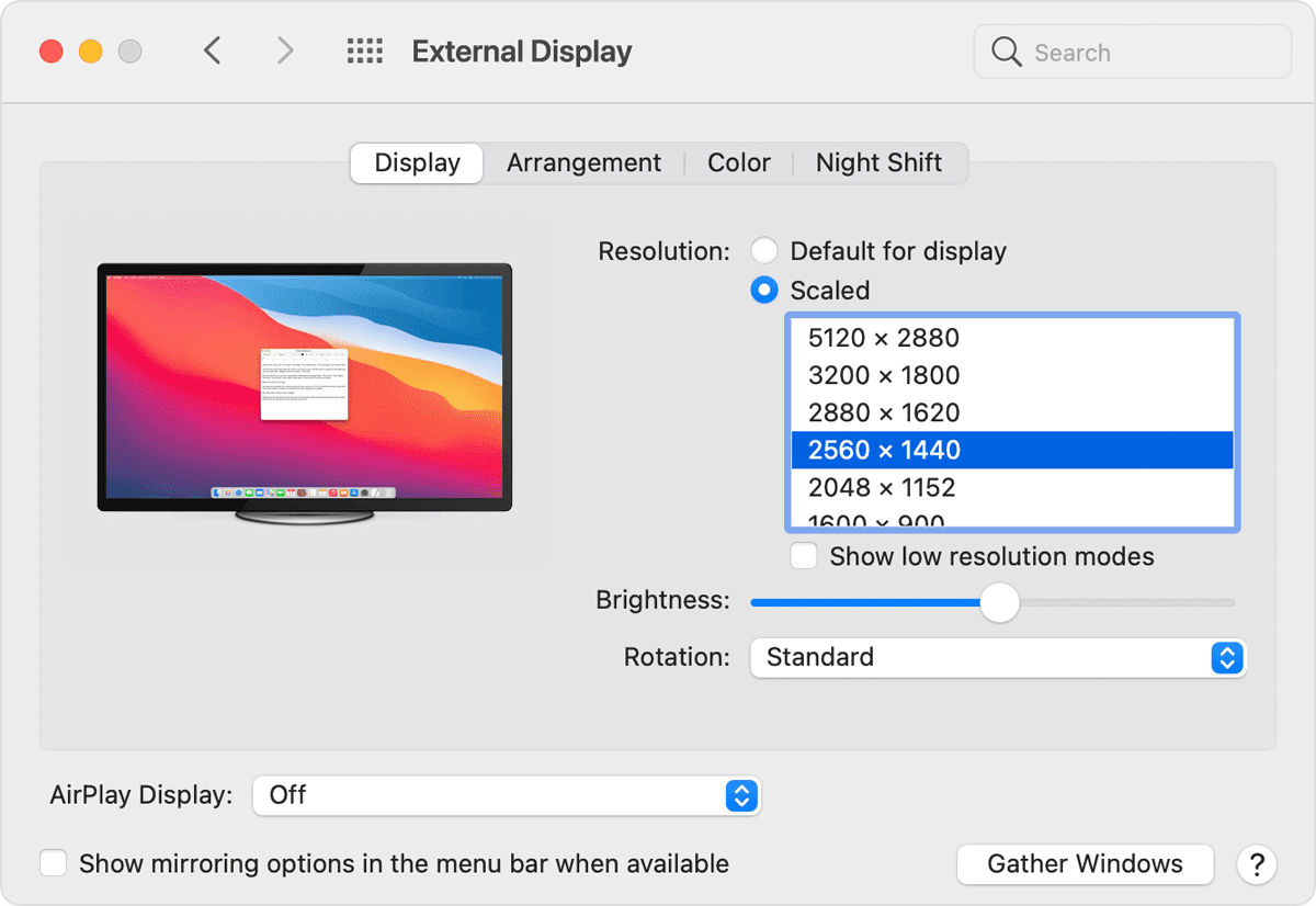 External display system preferences window with Resolution set to Scaled. External display system preferences window with Resolution set to Scaled.