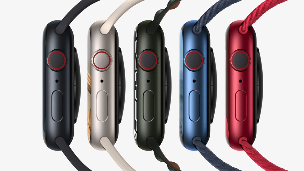 Apple Watch Series 7 is shown in midnight, starlight, green, and a new blue and (PRODUCT)RED. Apple Watch Series 7 is shown in midnight, starlight, green, and a new blue and (PRODUCT)RED.
