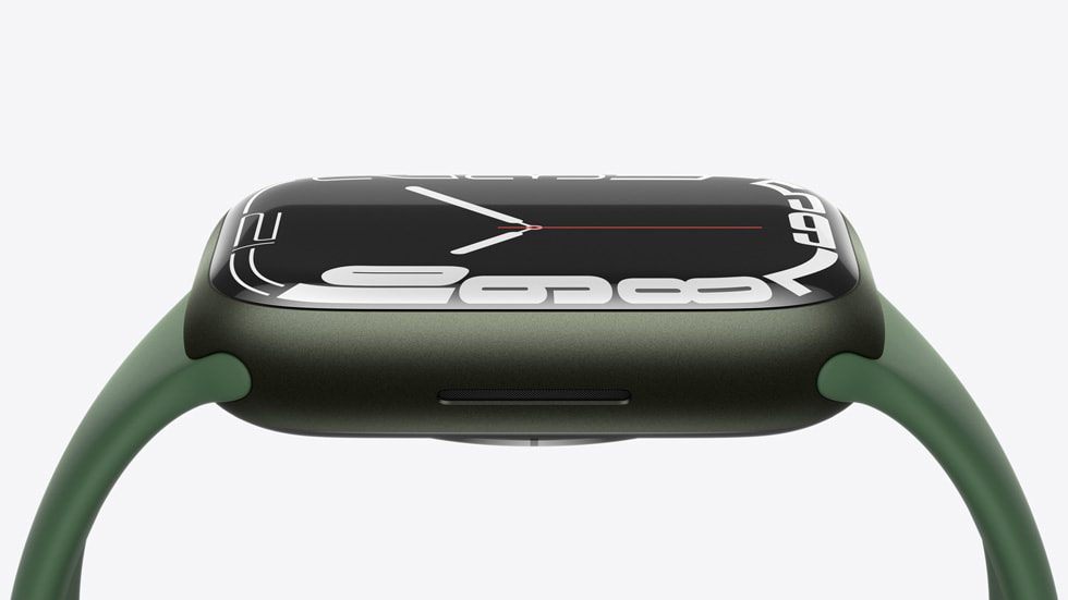 The side of Apple Watch Series 7 is shown. The side of Apple Watch Series 7 is shown.